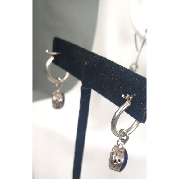 Stirling Silver 925 Lapis Heart Shaped Blue Gemstone Small Hoop Earrings - Picture 9 of 13